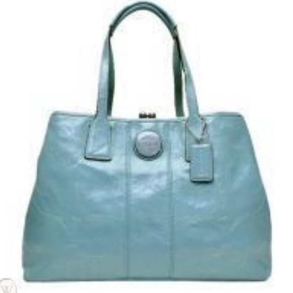 COACH purse blue patent signature framed carryall bag